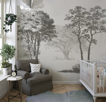 Load image into Gallery viewer, Vintage Forest Trees Wall Mural. Monochrome Abstract Sketched Art Design. Peel and Stick Wallpaper | Removable Wall Mural. #6329
