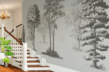 Cargar imagen en el visor de la galería, Vintage Forest Trees Wall Mural. Monochrome Abstract Sketched Art Design. Peel and Stick Wallpaper | Removable Wall Mural. #6329
