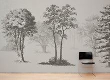 Cargar imagen en el visor de la galería, Vintage Forest Trees Wall Mural. Monochrome Abstract Sketched Art Design. Peel and Stick Wallpaper | Removable Wall Mural. #6329
