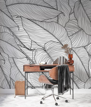 Cargar imagen en el visor de la galería, Banana Leaves Wallpaper, Palm Leaves Line Art Pattern Peel and Stick Wall Mural. #6330
