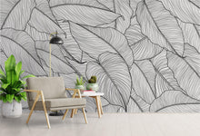 Cargar imagen en el visor de la galería, Banana Leaves Wallpaper, Palm Leaves Line Art Pattern Peel and Stick Wall Mural. #6330
