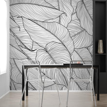 Load image into Gallery viewer, Banana Leaves Wallpaper, Palm Leaves Line Art Pattern Peel and Stick Wall Mural. #6330
