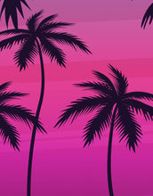 Load image into Gallery viewer, Miami Tropical Palm Tree Illustration Vice Color Sunset Wall Mural. Bright Miami Vice Blue and Fuchsia Colors. #6331
