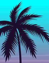 Load image into Gallery viewer, Miami Tropical Palm Tree Illustration Vice Color Sunset Wall Mural. Bright Miami Vice Blue and Fuchsia Colors. #6331
