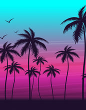 Load image into Gallery viewer, Miami Tropical Palm Tree Illustration Vice Color Sunset Wall Mural. Bright Miami Vice Blue and Fuchsia Colors. #6331
