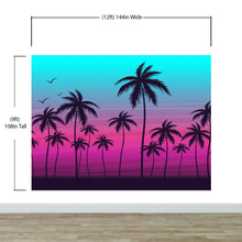 Load image into Gallery viewer, Miami Tropical Palm Tree Illustration Vice Color Sunset Wall Mural. Bright Miami Vice Blue and Fuchsia Colors. #6331
