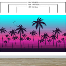 Load image into Gallery viewer, Miami Tropical Palm Tree Illustration Vice Color Sunset Wall Mural. Bright Miami Vice Blue and Fuchsia Colors. #6331
