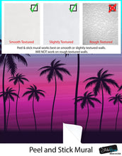 Load image into Gallery viewer, Miami Tropical Palm Tree Illustration Vice Color Sunset Wall Mural. Bright Miami Vice Blue and Fuchsia Colors. #6331
