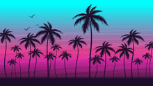 Load image into Gallery viewer, Miami Tropical Palm Tree Illustration Vice Color Sunset Wall Mural. Bright Miami Vice Blue and Fuchsia Colors. #6331
