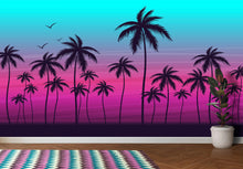 Load image into Gallery viewer, Miami Tropical Palm Tree Illustration Vice Color Sunset Wall Mural. Bright Miami Vice Blue and Fuchsia Colors. #6331
