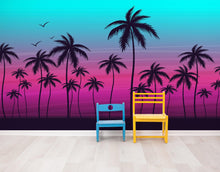 Load image into Gallery viewer, Miami Tropical Palm Tree Illustration Vice Color Sunset Wall Mural. Bright Miami Vice Blue and Fuchsia Colors. #6331
