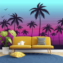 Load image into Gallery viewer, Miami Tropical Palm Tree Illustration Vice Color Sunset Wall Mural. Bright Miami Vice Blue and Fuchsia Colors. #6331
