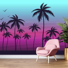 Load image into Gallery viewer, Miami Tropical Palm Tree Illustration Vice Color Sunset Wall Mural. Bright Miami Vice Blue and Fuchsia Colors. #6331
