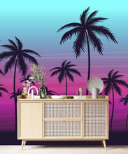 Load image into Gallery viewer, Miami Tropical Palm Tree Illustration Vice Color Sunset Wall Mural. Bright Miami Vice Blue and Fuchsia Colors. #6331
