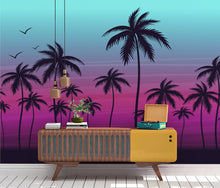 Load image into Gallery viewer, Miami Tropical Palm Tree Illustration Vice Color Sunset Wall Mural. Bright Miami Vice Blue and Fuchsia Colors. #6331
