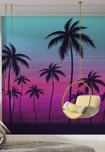 Load image into Gallery viewer, Miami Tropical Palm Tree Illustration Vice Color Sunset Wall Mural. Bright Miami Vice Blue and Fuchsia Colors. #6331
