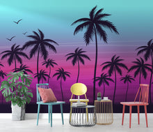 Load image into Gallery viewer, Miami Tropical Palm Tree Illustration Vice Color Sunset Wall Mural. Bright Miami Vice Blue and Fuchsia Colors. #6331
