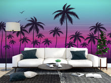 Load image into Gallery viewer, Miami Tropical Palm Tree Illustration Vice Color Sunset Wall Mural. Bright Miami Vice Blue and Fuchsia Colors. #6331
