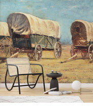 Cargar imagen en el visor de la galería, Western Cowboy Theme Wall Mural Decor. Study of Covered Wagons by Samuel Colman. Painting Artwork. Peel and Stick Wallpaper. #6339
