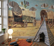 Load image into Gallery viewer, Western Cowboy Theme Wall Mural Decor. Study of Covered Wagons by Samuel Colman. Painting Artwork. Peel and Stick Wallpaper. #6339
