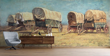 Load image into Gallery viewer, Western Cowboy Theme Wall Mural Decor. Study of Covered Wagons by Samuel Colman. Painting Artwork. Peel and Stick Wallpaper. #6339
