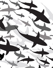 Cargar imagen en el visor de la galería, Shark Frenzy Underwater Wall Mural. Peel and Stick Wallpaper. Black and White Shark Silhouettes  #6347
