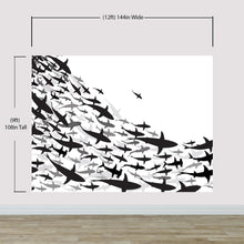 Cargar imagen en el visor de la galería, Shark Frenzy Underwater Wall Mural. Peel and Stick Wallpaper. Black and White Shark Silhouettes  #6347
