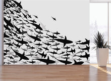 Load image into Gallery viewer, Shark Frenzy Underwater Wall Mural. Peel and Stick Wallpaper. Black and White Shark Silhouettes  #6347
