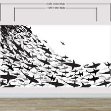 Cargar imagen en el visor de la galería, Shark Frenzy Underwater Wall Mural. Peel and Stick Wallpaper. Black and White Shark Silhouettes  #6347
