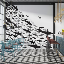 Carregar imagem no visualizador da galeria, Shark Frenzy Underwater Wall Mural. Peel and Stick Wallpaper. Black and White Shark Silhouettes  #6347
