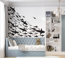 Load image into Gallery viewer, Shark Frenzy Underwater Wall Mural. Peel and Stick Wallpaper. Black and White Shark Silhouettes  #6347
