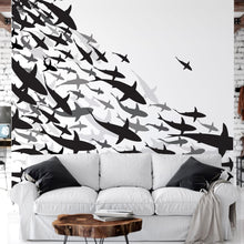 Load image into Gallery viewer, Shark Frenzy Underwater Wall Mural. Peel and Stick Wallpaper. Black and White Shark Silhouettes  #6347
