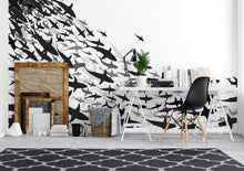 Cargar imagen en el visor de la galería, Shark Frenzy Underwater Wall Mural. Peel and Stick Wallpaper. Black and White Shark Silhouettes  #6347
