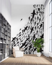 Cargar imagen en el visor de la galería, Shark Frenzy Underwater Wall Mural. Peel and Stick Wallpaper. Black and White Shark Silhouettes  #6347
