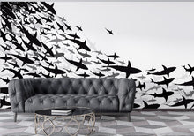 Cargar imagen en el visor de la galería, Shark Frenzy Underwater Wall Mural. Peel and Stick Wallpaper. Black and White Shark Silhouettes  #6347
