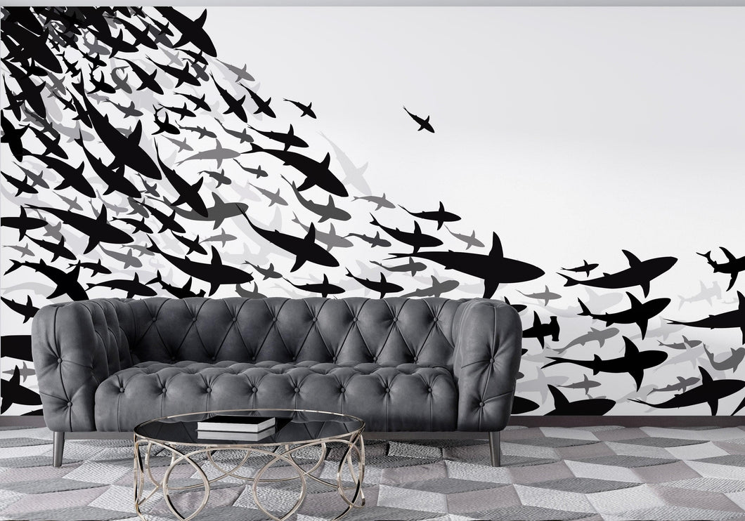 Shark Frenzy Underwater Wall Mural. Peel and Stick Wallpaper. Black and White Shark Silhouettes  #6347