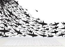 Cargar imagen en el visor de la galería, Shark Frenzy Underwater Wall Mural. Peel and Stick Wallpaper. Black and White Shark Silhouettes  #6347
