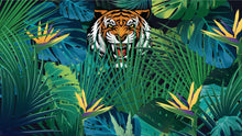 Load image into Gallery viewer, Hidden Tiger Behind Jungle Leaves Wall Mural. Peel and Stick Wallpaper. Safari Wildlife Illustration. #6351
