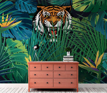 Load image into Gallery viewer, Hidden Tiger Behind Jungle Leaves Wall Mural. Peel and Stick Wallpaper. Safari Wildlife Illustration. #6351
