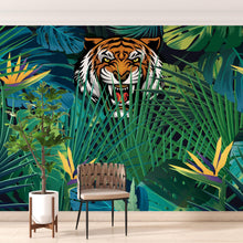 Load image into Gallery viewer, Hidden Tiger Behind Jungle Leaves Wall Mural. Peel and Stick Wallpaper. Safari Wildlife Illustration. #6351
