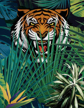 Cargar imagen en el visor de la galería, Hidden Tiger Behind Jungle Leaves Wall Mural. Peel and Stick Wallpaper. Safari Wildlife Illustration. #6351
