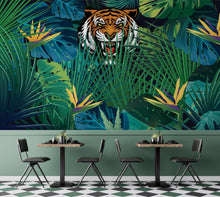 Load image into Gallery viewer, Hidden Tiger Behind Jungle Leaves Wall Mural. Peel and Stick Wallpaper. Safari Wildlife Illustration. #6351
