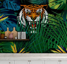 Load image into Gallery viewer, Hidden Tiger Behind Jungle Leaves Wall Mural. Peel and Stick Wallpaper. Safari Wildlife Illustration. #6351
