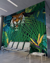 Cargar imagen en el visor de la galería, Hidden Tiger Behind Jungle Leaves Wall Mural. Peel and Stick Wallpaper. Safari Wildlife Illustration. #6351
