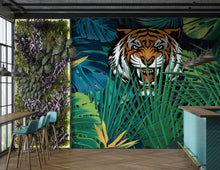 Load image into Gallery viewer, Hidden Tiger Behind Jungle Leaves Wall Mural. Peel and Stick Wallpaper. Safari Wildlife Illustration. #6351
