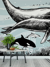 Cargar imagen en el visor de la galería, Whale, Dolphin, Killer Whale Wall Mural. Underwater Sea Life Drawing Design. Peel and Stick Wall Mural. #6354
