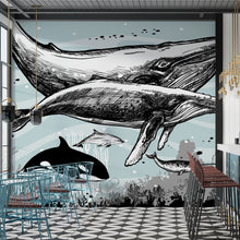 Load image into Gallery viewer, Whale, Dolphin, Killer Whale Wall Mural. Underwater Sea Life Drawing Design. Peel and Stick Wall Mural. #6354
