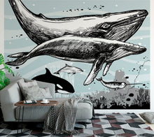 Carregar imagem no visualizador da galeria, Whale, Dolphin, Killer Whale Wall Mural. Underwater Sea Life Drawing Design. Peel and Stick Wall Mural. #6354
