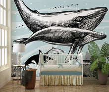 Carregar imagem no visualizador da galeria, Whale, Dolphin, Killer Whale Wall Mural. Underwater Sea Life Drawing Design. Peel and Stick Wall Mural. #6354
