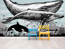 Load image into Gallery viewer, Whale, Dolphin, Killer Whale Wall Mural. Underwater Sea Life Drawing Design. Peel and Stick Wall Mural. #6354
